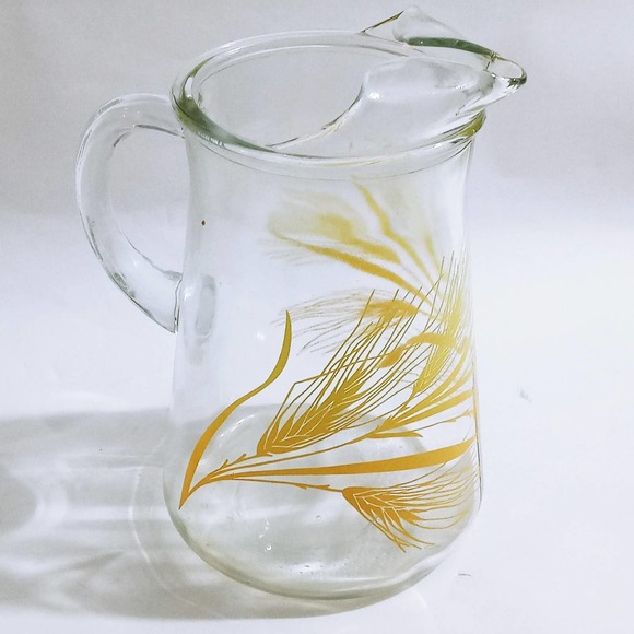 Vintage Golden Wheat Pitcher Orange Yellow Heavy Glass (shelf) - Picture 5 of 6